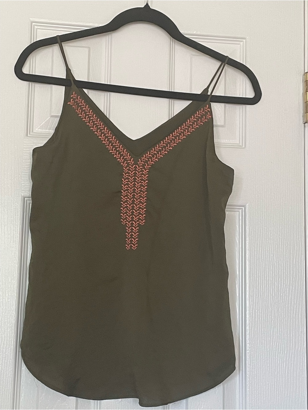 Express Olive Green Cami with Pink Embroidered V Detail